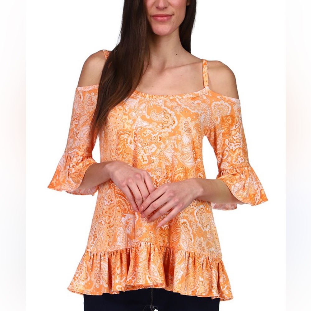 Michael Kors Paisley Print Cold Shoulder Elbow Ruffle Trim Sleeves. Size M (427)